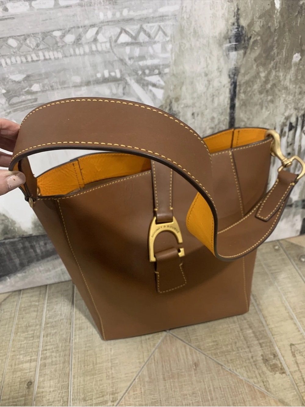 Leather Bucket Shoulder Bag in Brown with Gold Accent - Picture 4 of 16